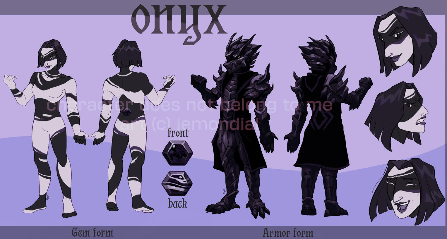 Front-view + 2 back-views + alternate outfit + 2 items + 3 expressions + labels + name + shading (on outfit)